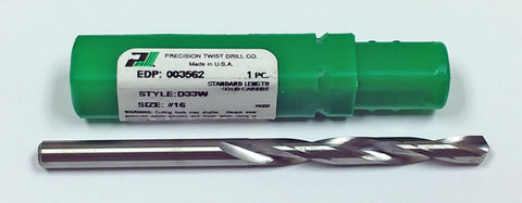 #16 Carbide Jobber Length Drill 118 Degree Precision D33W 003562
