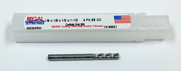 1/8" 4-Flute Carbide End Mill, 1/2" LOC, 1-1/2" OAL, Regal 090265RM