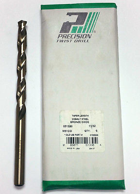 15/32" Cobalt Taper Length Drill (Pack of 6) 135 Degree Precision Twist M51CO 051330